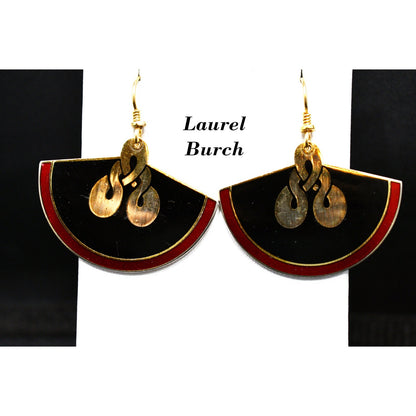 Laurel Burch Large Fan Love Knot Earrings, Cloisonne Gold Plated, Enamel Red Black, 1980s Vintage Jewelry