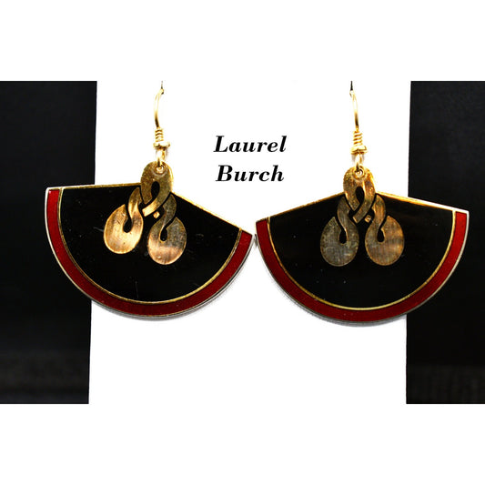 Laurel Burch Large Fan Love Knot Earrings, Cloisonne Gold Plated, Enamel Red Black, 1980s Vintage Jewelry