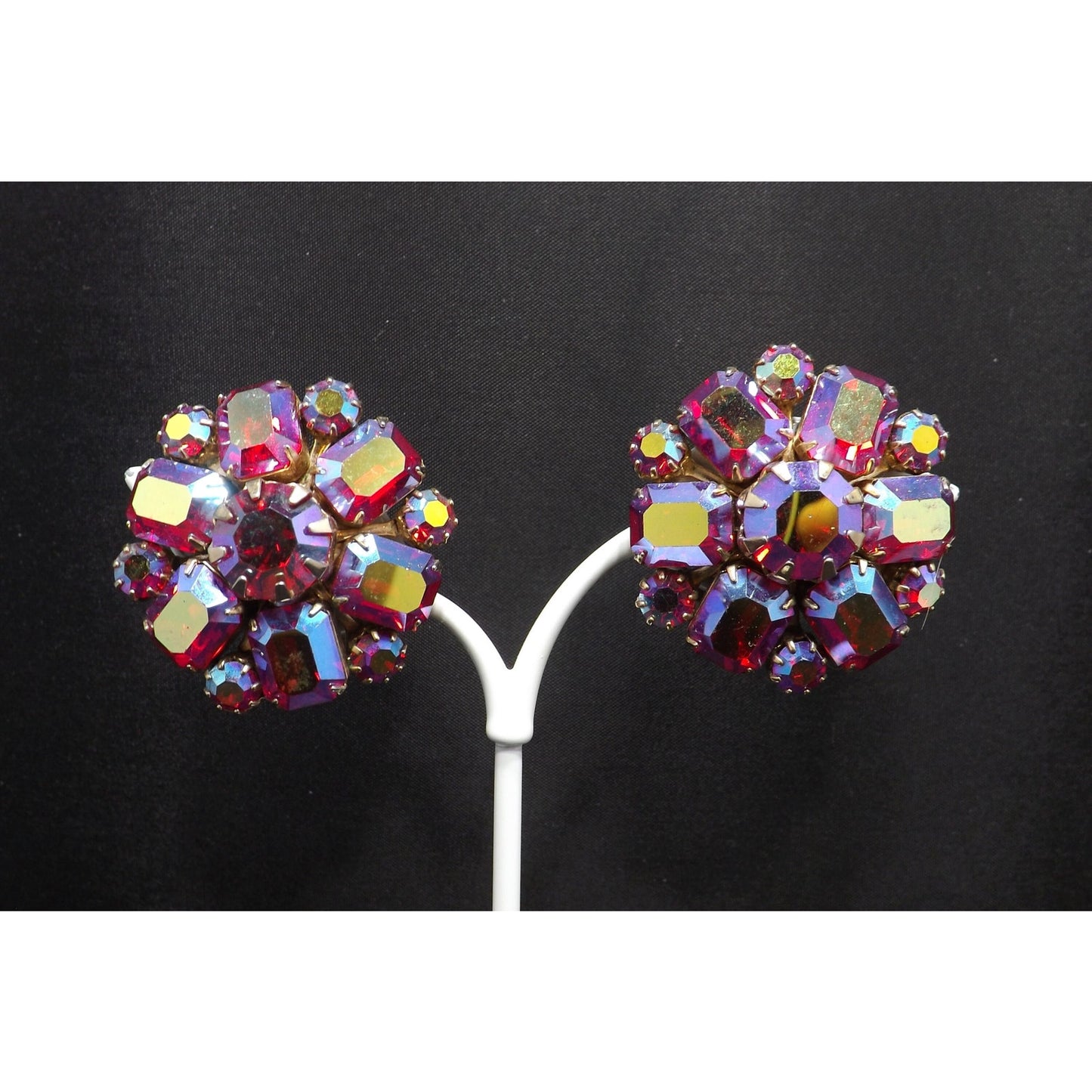 Weiss Red Aurora Borealis Floral Earrings, Gold Plated, 1950s Vintage Jewelry