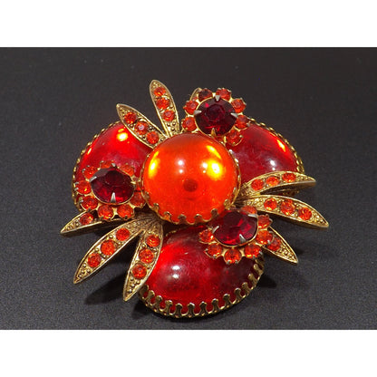Red Rhinestone Orange Cabs Designer Brooch, Dog Tooth Cabochons, 1960s Vintage Jewelry