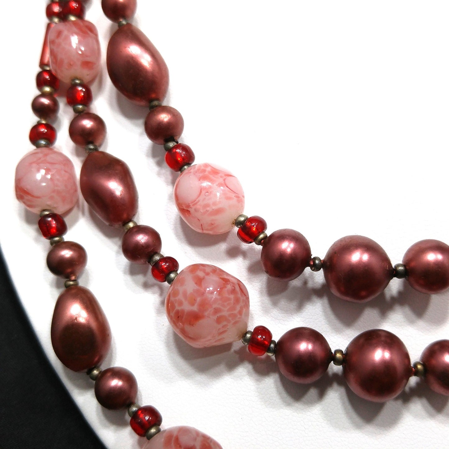 Vintage Art Glass Beaded Necklace, Three Strands, 1940s Vintage Jewelry
