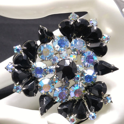 Black Aurora Borealis Brooch & Earrings, Rhodium Plated, 1960s Vintage Jewelry