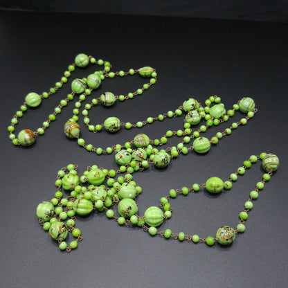 Art Deco 1920s Hand Painted Green Glass Bead Flapper Necklace 70" Wire Wrapped