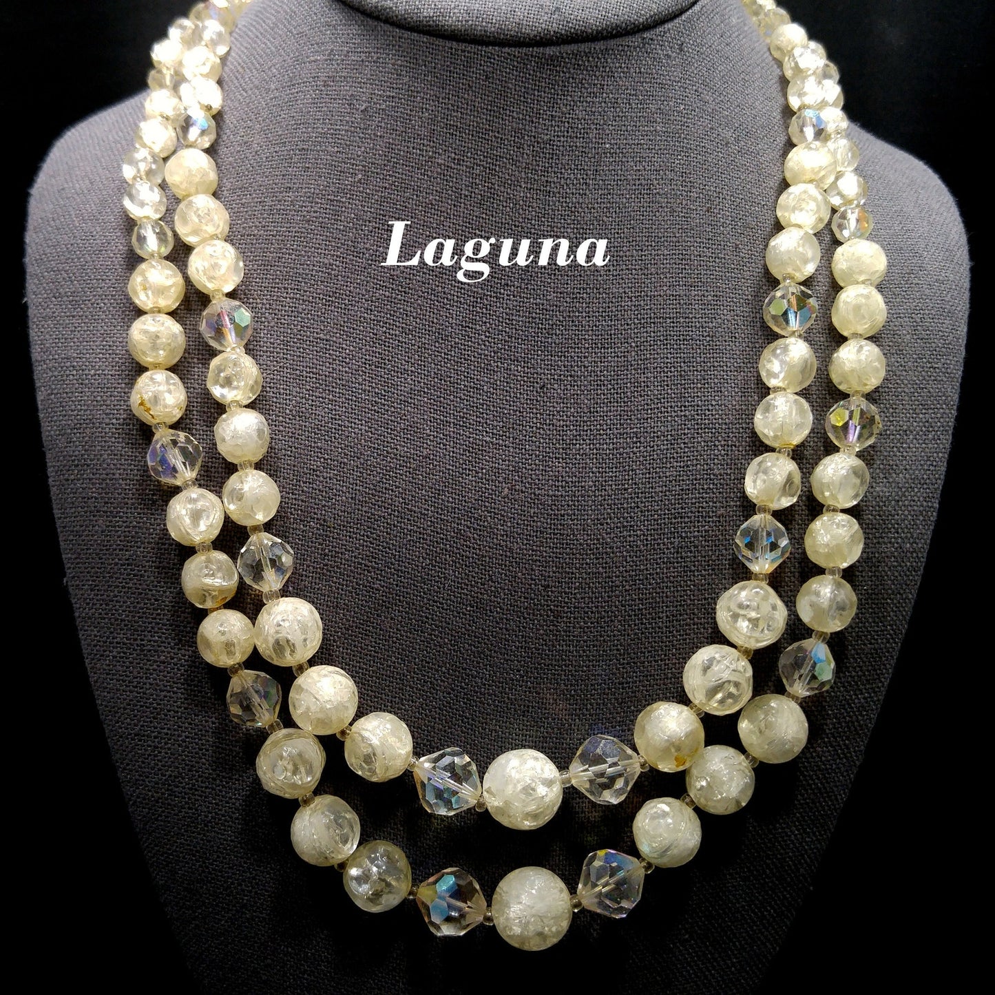 Vintage 1950s Laguna Crackle Lucite Crystal Bead Necklace 2 Strand Signed