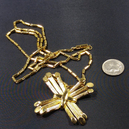 Crown Trifari Cross Pendant Necklace, Gold Plated, 1970s Vintage Jewelry