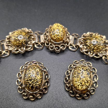 Vintage Glitter Lucite Bracelet Earrings Set, Book Chain, 1950s Vintage Jewelry