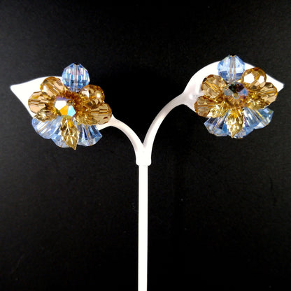 Vendome Blue & Gold Crystal Beaded Clip Earrings, Gold Plated, 1960s Vintage Jewelry
