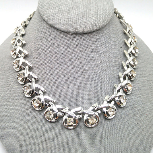 Clear Rhinestone Choker Necklace, Rhodium Plated, 1960s Vintage Jewelry