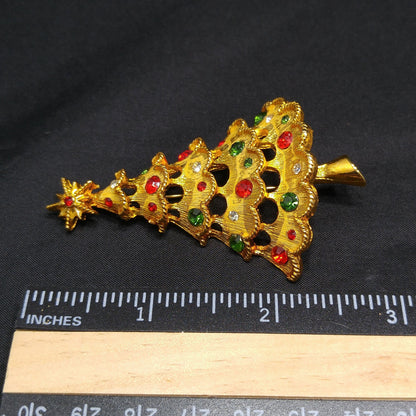 Mylu Christmas Tree Brooch, Red Green Rhinestones, Gold Tone, 1960s Vintage