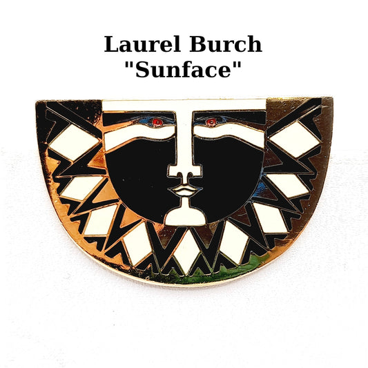 Vintage Laurel Burch Sunface Brooch, Black White Enamel Gold Plated Pin, 1980s Cloisonné Jewelry, Artistic Statement Accessory 1 3/4 Inch