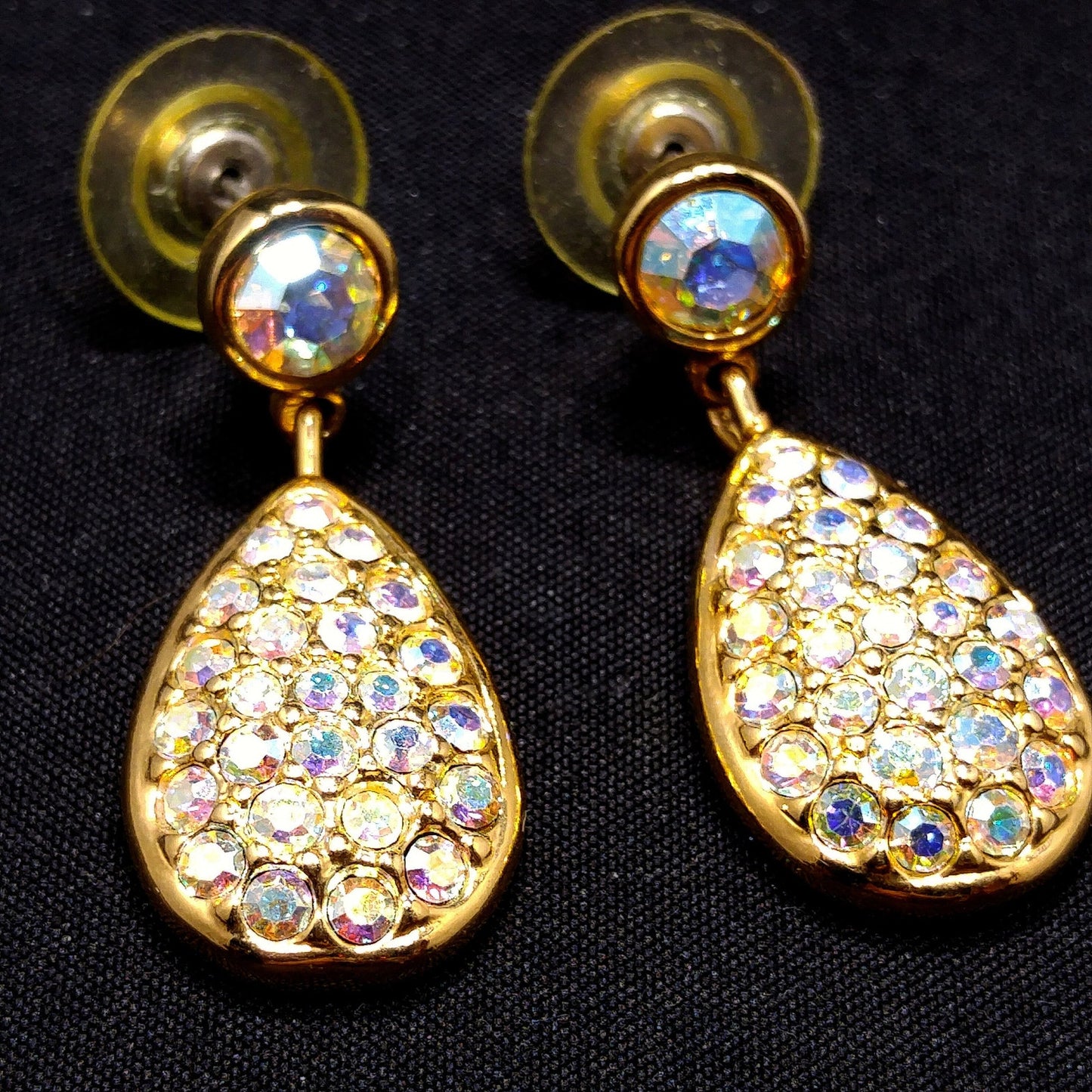 Vintage Swarovski Swan Logo Earrings – Aurora Borealis Crystal Teardrop Dangles