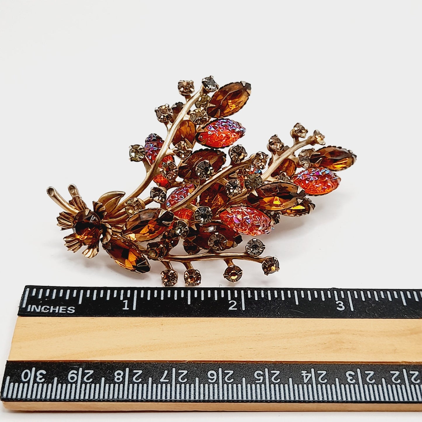 Vintage Amber Orange Rhinestone Leaf Brooch, 3D Layered, 1950s