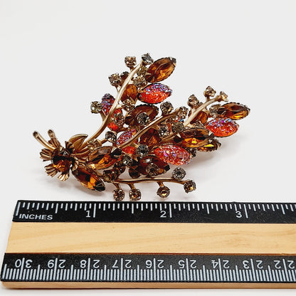 Vintage Amber Orange Rhinestone Leaf Brooch, 3D Layered, 1950s