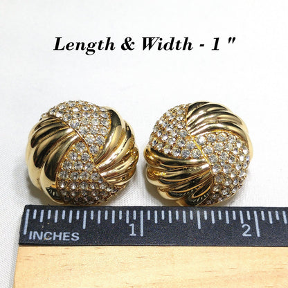 Ciner Clear Pave Rhinestone Round Clip Earrings, Gold Plated, 1980s Vintage Jewelry