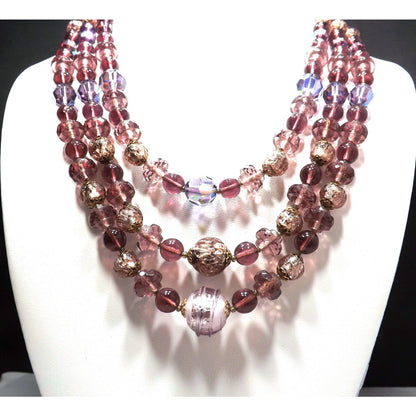 Art Glass Purple Gold Foil Beaded Necklace, Three Strands, 1960s Vintage Jewelry