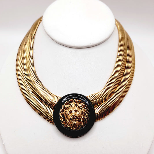 Vintage Lion Head Pendant Double Snake Chain Necklace, 15 Inches