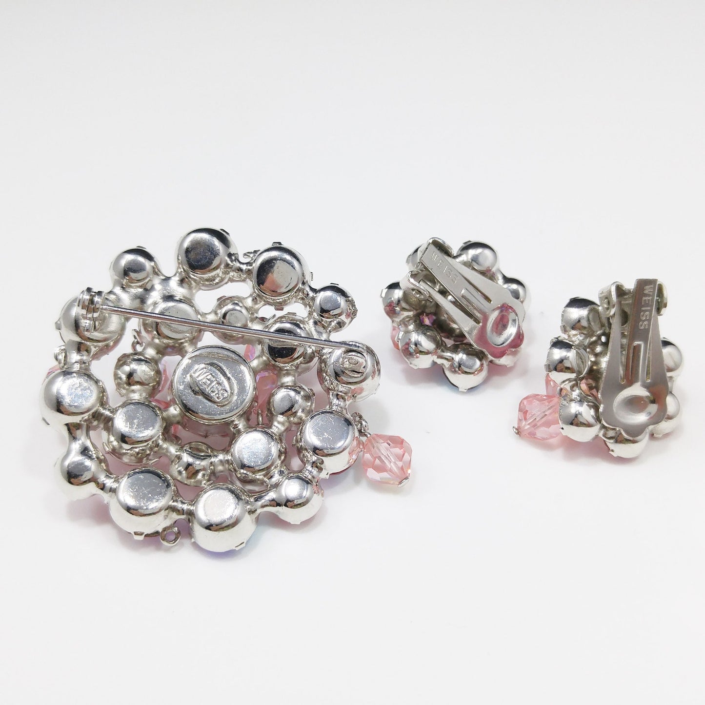 Weiss 1960s Pink Aurora Borealis Brooch & Clip Earrings Set | Dangling Crystal Beads | Vintage Mid-Century Jewelry