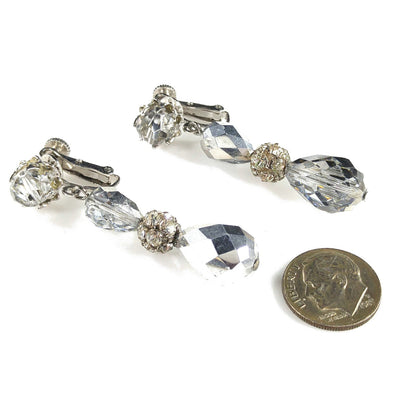 Vendome Silver Crystal Beaded Clip Earrings, Dangle Drop 2", 1960s Vintage Jewelry