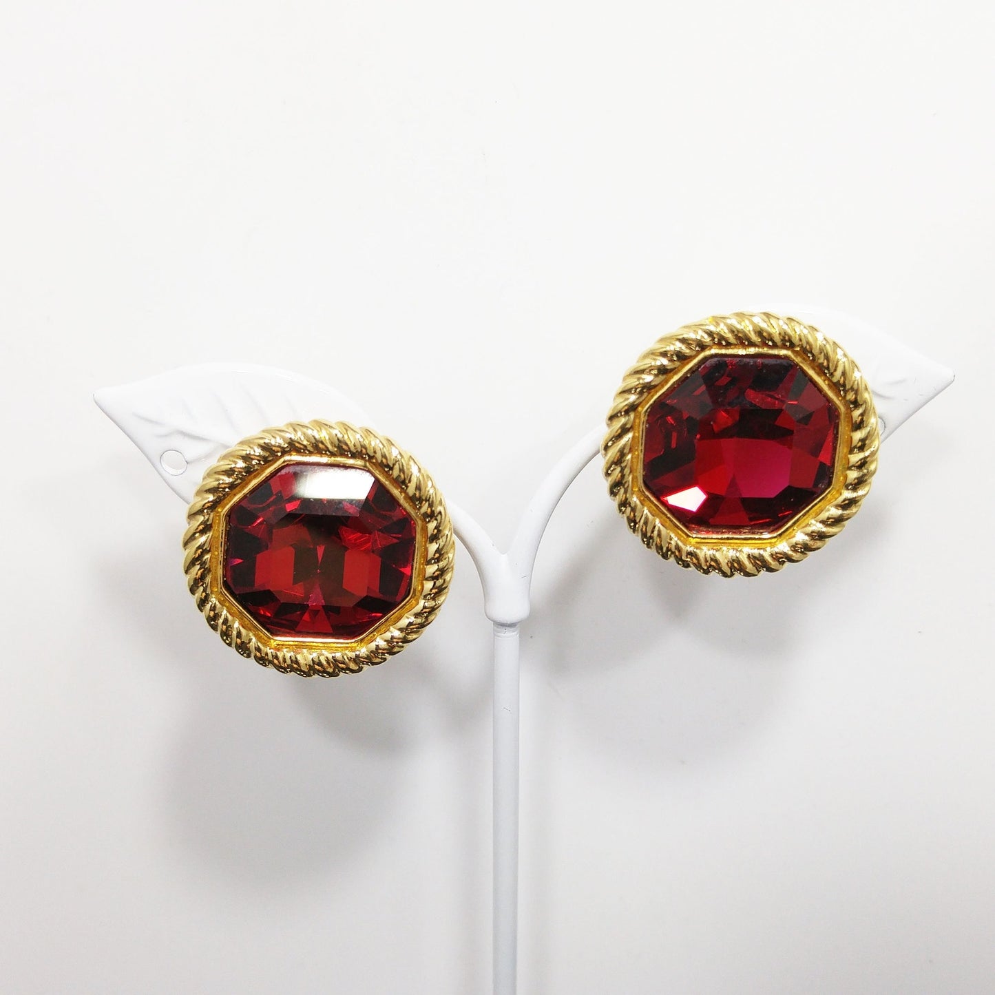 Vintage Swarovski Red Crystal Clip Earrings Gold Plated Rope Frame 1990s
