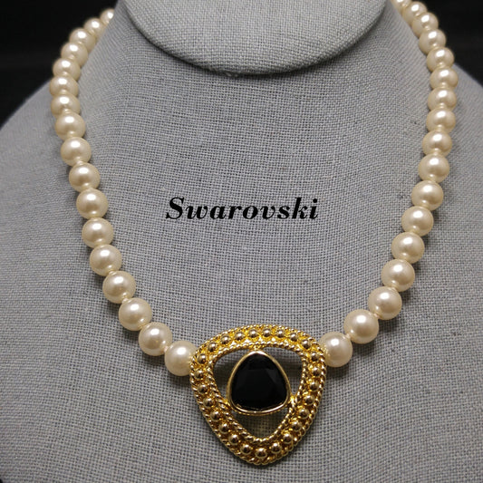 Swarovski Faux Pearl Necklace with Black Crystal Pendant, Gold Plated, 1990s Vintage