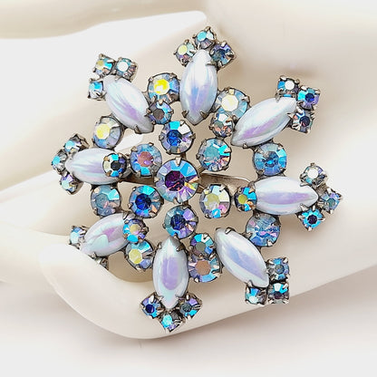 Vintage Blue Aurora Borealis Snowflake Brooch Pin