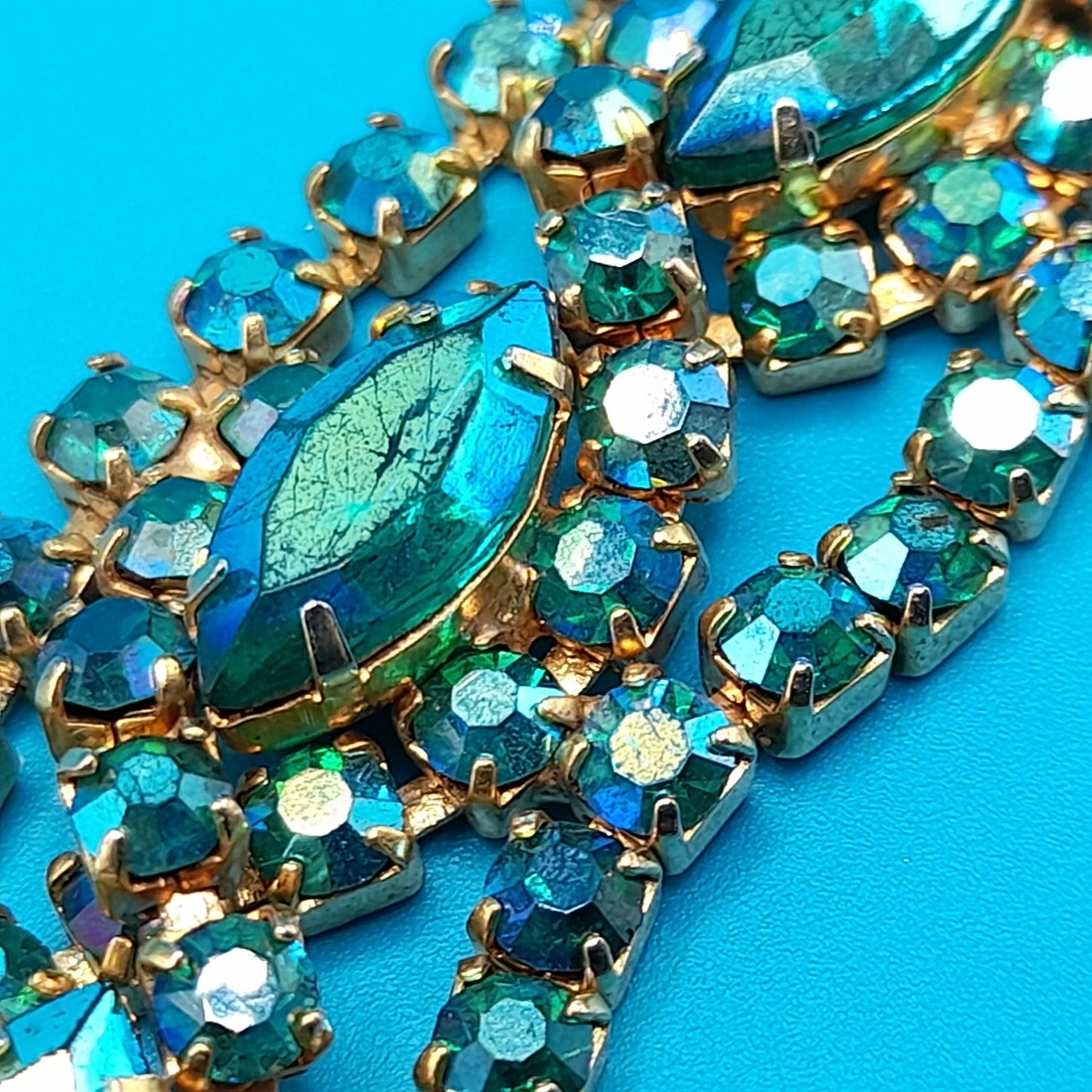 Green Blue Aurora Borealis Rhinestone Bracelet, Gold Plated, 1960s Vintage Jewelry