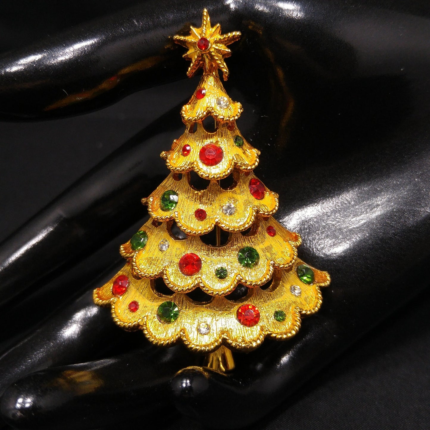 Mylu Christmas Tree Brooch, Red Green Rhinestones, Gold Tone, 1960s Vintage