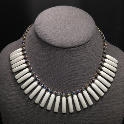 White Lucite Blue Aurora Borealis Rhinestones Necklace, Egyptian Revival Mid-Century, 1960s Vintage Jewelry