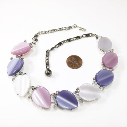 Vintage Lisner Leaves Necklace, Lavender Pink White Lucite, 1950s