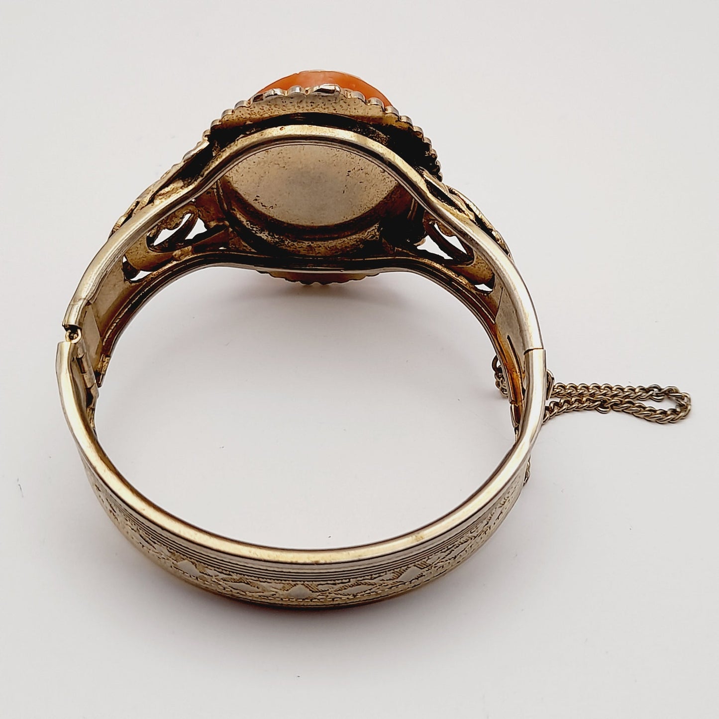 Vintage Lucite Cameo Gold Tone Hinged Bracelet with Safety Chain