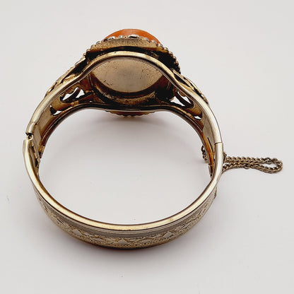 Vintage Lucite Cameo Gold Tone Hinged Bracelet with Safety Chain