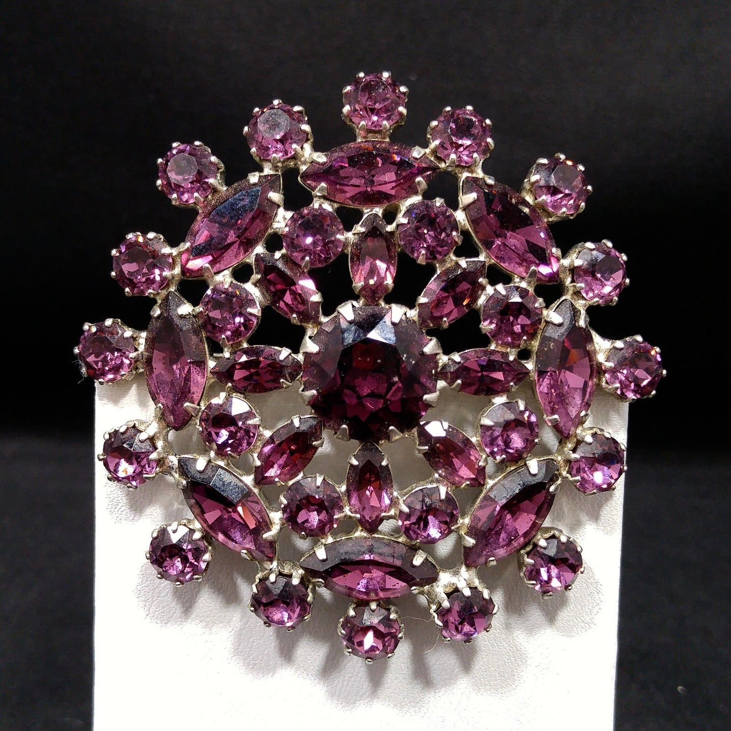 Purple Snowflake Flower Rhinestone Brooch, Rhodium Plated, 1960s Vintage Jewelry