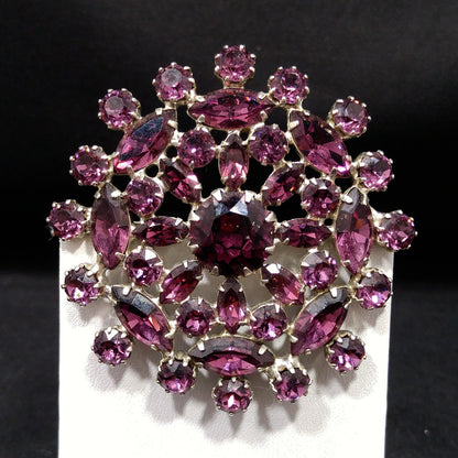 Purple Snowflake Flower Rhinestone Brooch, Rhodium Plated, 1960s Vintage Jewelry