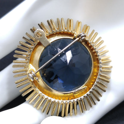 Kramer Large Blue Glass Brooch Pendant, Gold Plated, 1950s Vintage Jewelry