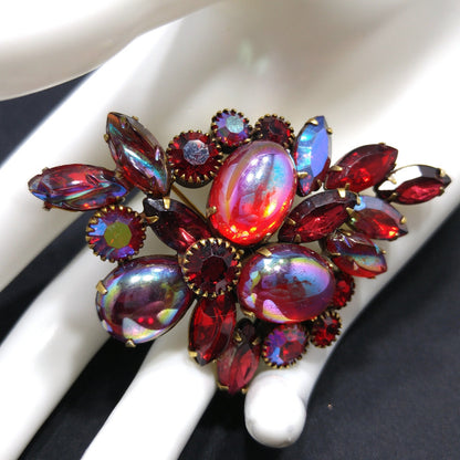 Kramer Red Iridescent Rhinestone Brooch, Aurora Borealis Rhinestones, 1960s Vintage Jewelry