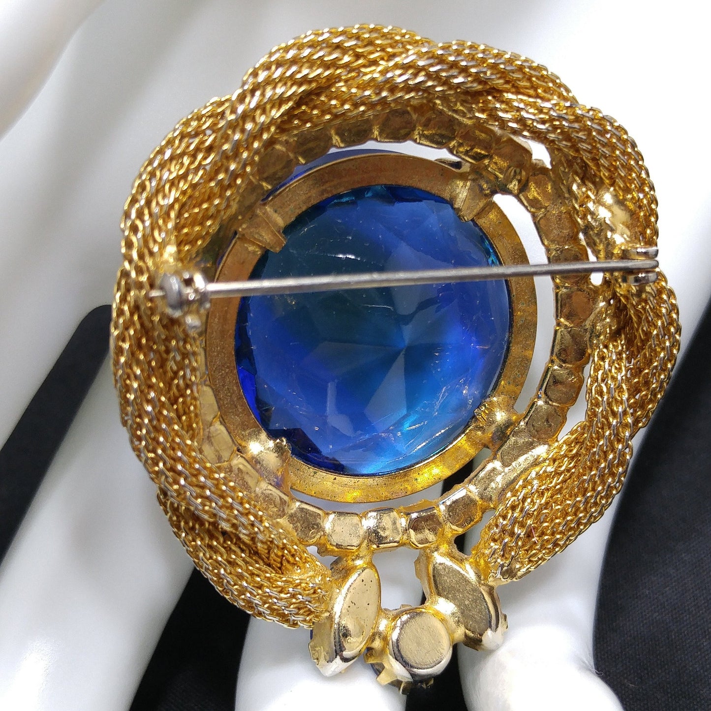 Large Blue Glass & AB Rhinestones Brooch, Gold Plated Mesh Frame, 1960s Vintage Jewelry