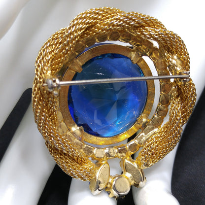 Large Blue Glass & AB Rhinestones Brooch, Gold Plated Mesh Frame, 1960s Vintage Jewelry