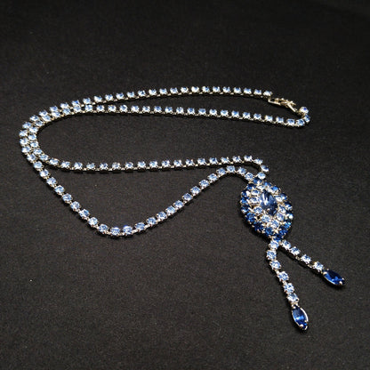 Mid Century Blue Rhinestone Rhodium Plated Necklace, Light & Dark Blue Rhinestones, 1960s Vintage Jewelry