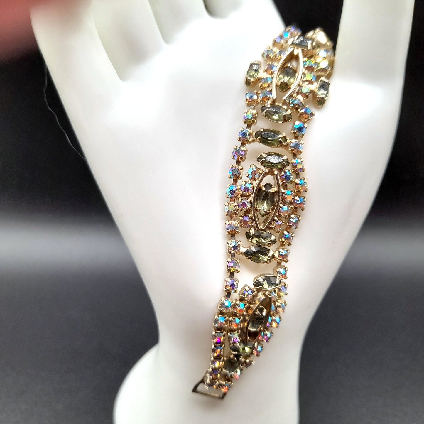 Green Aurora Borealis Rhinestone Bracelet, Mid-Century, 1950s Vintage Jewelry