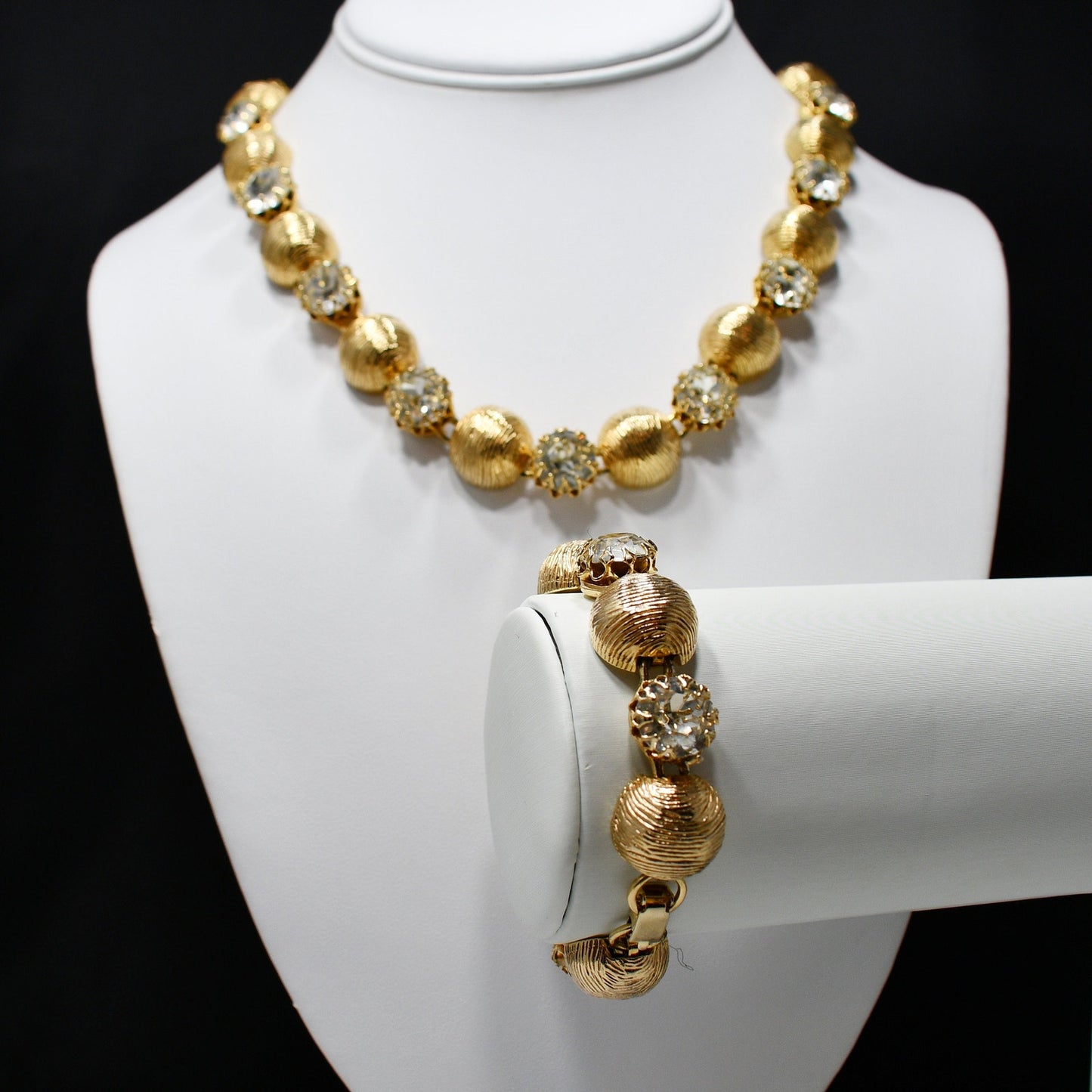 Kramer Necklace & Bracelet Set, Gold Plated, Headlight Diamante Rhinestones, 1960s Vintage Jewelry