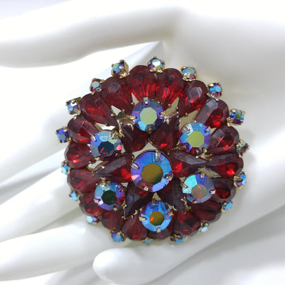 Ruby Red Rhinestone Brooch, Aurora Borealis, Gold Plated, 1960s Vintage Jewelry