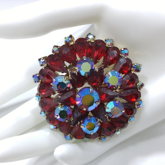 Ruby Red Rhinestone Brooch, Aurora Borealis, Gold Plated, 1960s Vintage Jewelry