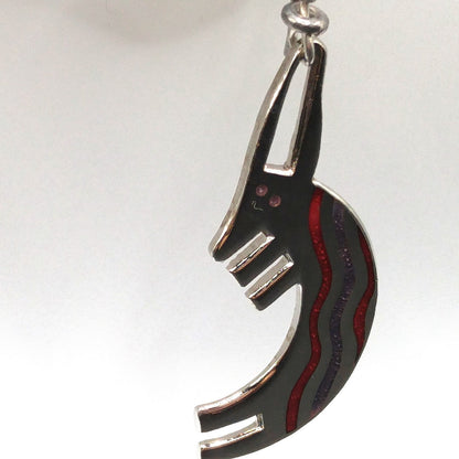 Laurel Burch "Conejo" Rabbit Dangle Earrings, Striped Red Purple Enamel, 1980s Vintage Jewelry