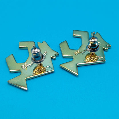Vintage Laurel Burch "Bison" Post Earrings, Black Blue Enamel, Gold Plated