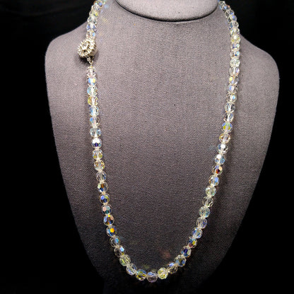 Bergere Aurora Borealis Crystal Long Necklace, Thread on Chain, Rhinestone Clasp, 1960s Vintage Jewelry