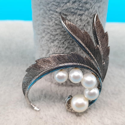 Vintage Mikimoto Akoya Sterling Pearl Brooch, Leaves Accents, 1950s Vintage Jewelry