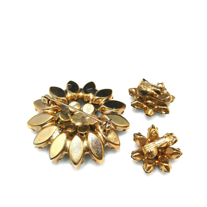 Emerald Green Rhinestone Floral Brooch & Earrings, Gold Plated, 1960s Vintage Jewelry