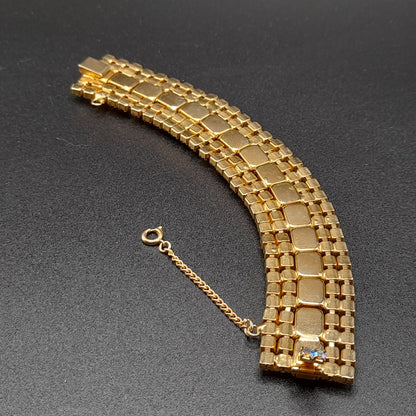 Jonquil Aurora Borealis Rhinestone Wide Bracelet, Gold Plated, 1960s Vintage Jewelry