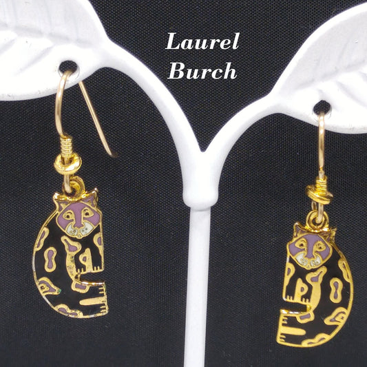 Laurel Burch Baby Snow Leopard Earrings, Cloisonne Black Enamel, Gold Plated, 1980s Vintage Jewelry