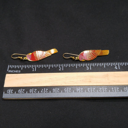 Laurel Burch "Lorikeets" Earrings, Gold Plated Cloisonne & Enamel, 1980s Vintage